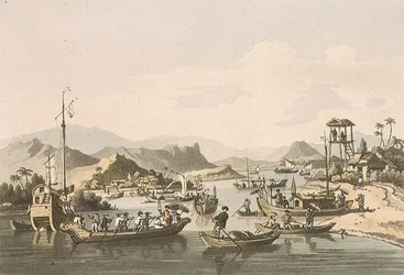 ジョン・バロウ（1764-1848）の「A Voyage to Cochinchina」のプレート15、トーマス・メドランド（1755-1823）のエングレービングによる1806年の「タイフォ川のコーチン・中国船」（アクアチント