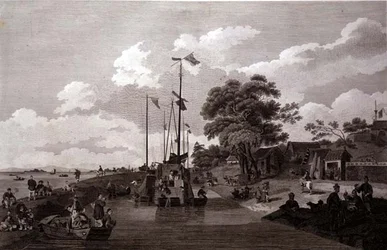 ウィリアム（1747-1810）とエリザベス・エリスが彫った「大運河から土塁で隔てられたパオヨン湖の眺め」、G・ニコルが出版。