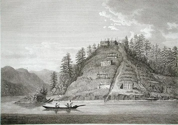 ビュート運河入り口の友好的なインディアンの村、J.ランドシーア作、1790～99年頃（エングレービング）