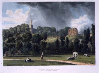 クリケット場付近から見たハロー教会と学校、「History of the Colleges」の一部である「History of Harrow School」より、Joseph Constantine Stadler (fl.1780-1812)の彫刻、R. Ackermannの出版。