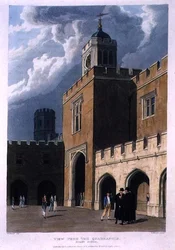 ラグビー・スクールの四つ角からの眺め、「History of Rugby School」より、「History of the Colleges」の一部、Daniel Havell (1785-1826)の彫刻、R. Ackermannの出版。