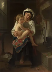1871年、子供を見つめる若い母親。