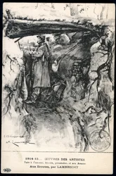 第一次世界大戦 - 戦争 14-18 (1914-1918) - 第一次世界大戦 (WWI または WW1): フランス、最前線を見ている塹壕の兵士の絵を示す愛国的な地図、タイトル:「聞く」