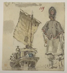1792 年から 1794 年にかけてマッカートニー卿の中国皇帝への大使館で作成された風景、海岸線、衣装、日常生活の 372 枚の図面のアルバムからの 119 のボートと人物の習作 (紙に鉛筆と水彩)