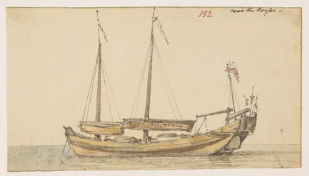 152 ボート「ペイホの近く」  、1792年から1794年の間にマッカートニー卿の中国皇帝への大使館で作成された風景、海岸線、衣装、日常生活の372枚の絵のアルバムから（紙に鉛筆と水彩）
