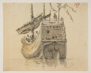 159 ボートです。  、1792年から1794年の間にマッカートニー卿の中国皇帝への大使館で作成された風景、海岸線、衣装、日常生活の372枚の絵のアルバムから（紙に鉛筆と水彩）