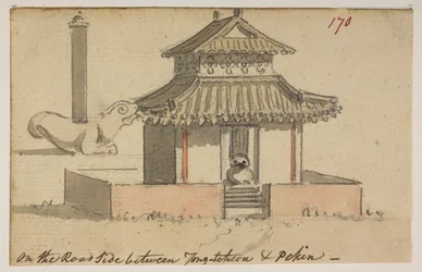 170 寺院「東川と北京の間の道側」  、1792年から1794年の間にマッカートニー卿の中国皇帝への大使館で作成された風景、海岸線、衣装、日常生活の372枚の絵のアルバムから（ペンと水彩