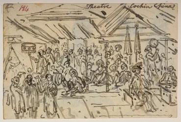 184「劇場。 コーチン・チャイナ」  、1792年から1794年の間にマッカートニー卿の中国皇帝への大使館で作成された風景、海岸線、衣装、日常生活の372枚の絵のアルバムから（紙に鉛筆と水彩）