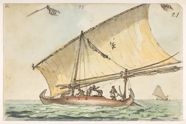 33 コーチン中国のボート、  1792年から1794年にかけてマッカートニー卿の中国皇帝への大使館で作成された風景、海岸線、衣装、日常生活の372枚の絵のアルバムから（紙に鉛筆と水彩）