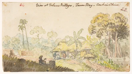 34’ タバコ村の眺め、トゥロン湾 - コーチン中国、’  1792年から1794年にかけてマッカートニー卿の中国皇帝への大使館で作成された風景、海岸線、衣装、日常生活の372枚の絵のアルバムから（紙に鉛筆と水彩）