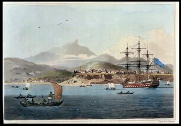 セントジャゴ島のポルトプラヤ、4枚の「A Voyage to Cochinchina」からJohn Barrow（1764-1848）がThomas Medland（1755-1823）1806（aquatint）によって彫刻