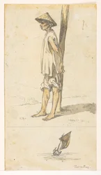 f.5 32v 木にもたれかかっている若い男、ボート。 「トゥロン湾」  1792 年から 1794 年にかけてマッカートニー卿が中国皇帝に大使館を構えていた間に作成された、風景、海岸線、衣装、日常生活を描いた 372 枚の絵のアルバムから (p に鉛筆と水彩