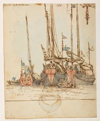 f.62 160’ 11 月 22 日。Tin-hau の船舶。  、1792年から1794年の間にマッカートニー卿の中国皇帝への大使館で作成された風景、海岸線、衣装、日常生活の372枚の絵のアルバムから（紙に鉛筆と水彩）