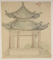 f.63 167 テンプル。  、1792年から1794年の間にマッカートニー卿の中国皇帝への大使館で作成された風景、海岸線、衣装、日常生活の372枚の絵のアルバムから（紙に鉛筆と水彩）