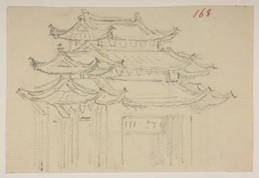f.63 168 の寺院。  、1792年から1794年の間にマッカートニー卿の中国皇帝への大使館で作成された風景、海岸線、衣装、日常生活の372枚の絵のアルバムから（紙に鉛筆と水彩）