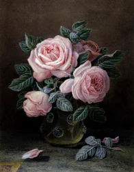 ガラスの花瓶に生けられたピンクのバラウィリアム・ハフ作（1850-1900年頃） 個人蔵