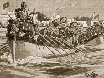 1807年のアレクサンドリアからのイギリス軍の出発、「カッセルの図解されたイングランドの歴史」（セピア写真）のイラスト