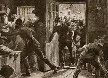 エニスでのナショナル・リーグ支持者と警察の衝突、1886年、『カッセル挿絵入りイングランド史』の挿絵