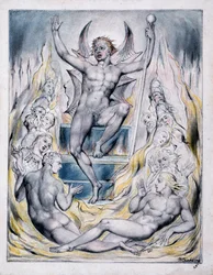 ジョン・ミルトン作「Paradise Regained」からの挿絵「Satan Addressing his Potentates」1816-18年頃（紙にペン・インク、灰色水彩、水彩画）