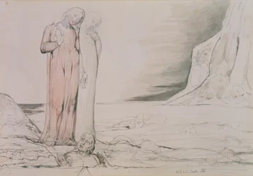 ダンテ・アリギエリ（1265-1321）の「神曲」の「インフェルノ」の第32番からの挿絵「裏切り者の輪」（紙にペンとインク、鉛筆、水彩）。