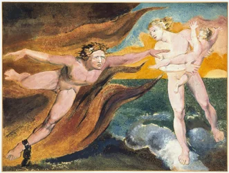 子供の所有権をめぐって争う善悪の天使たち par ウィリアム・ブレイク（1757-1827