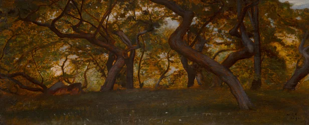 イタリア、ヴォルテッラ近郊の森（油彩・パネル）