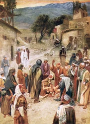 弟子たちが悪魔を追い出せなかった少年を癒そうとするイエス