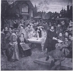 1638年、グレイフライアーズ教会墓地における国民盟約の署名、『カッセル英国民史』より、ウェイヴァリー・ブック・カンパニー・リミテッド刊、1940年頃