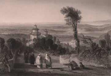 イタリア、ロンバルディア州ヴァレーゼのサクロモンテ（聖山）からの眺め、ウィリアム・ブロックドン（1787-1854）の図面からT・ウィルモアがスチール・エングレーヴィング、約23x18cm。