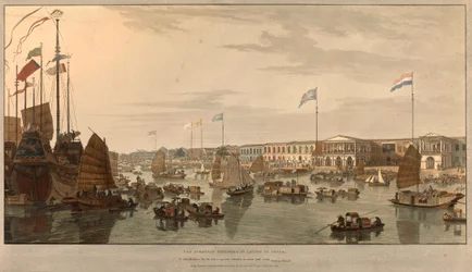 中国・広東のヨーロッパ商館（東インド会社）。ウィリアム・ダニエール（1769-1837）1805年製図・彫刻。