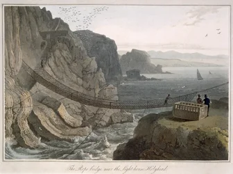 灯台近くのロープブリッジ、ホリーヘッド、「1814年から1825年の間にイギリスで行われた航海」から1829年に発行
