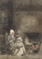 囲炉裏の女と子、1842年（紙のグラファイトの上にトイレ）