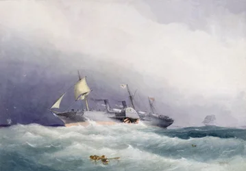 1853年、イギリスのグリーンロックでケアード社によって金属製で建造されたロイヤル・メールの蒸気船「アトラト号」。1864年、ウィリアム・フレデリック・ミッチェル（1845-1914）による水彩画。