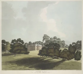 公園の人物と馬。 中間地点にあるヴィンターズ ハウス。 シーン全体の木