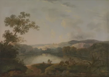 Uma vista de um lago com pescadores