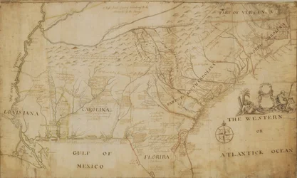 北アメリカ南東部の地図、1721年（ペンとインク、紙に洗って）