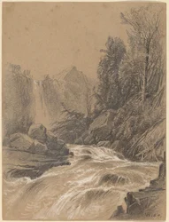 山の風景、小川、滝