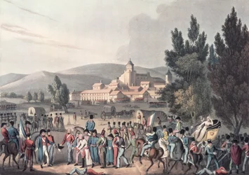ヴィットーリアの戦い、1813年、囚人を連れてくる、I。クラークによってエッチングされ、M。デュブール（アクアチント）によってアクアティント