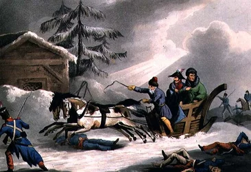 1814 年 3 月 1 日にウィリアム ヒース (aquatint) によって出版されたロシアからのヴィチェンツァ伯爵に変装したボナパルトの飛行