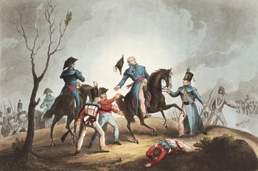 サー・ジョン・ムーア（1761-1809年）の死、1809年1月17日、ジェームズ・ジェンキンス著『1799-1815年のイギリスとその同盟国の武勲』より、トマス・サザーランド（1785年生）銅版、出版