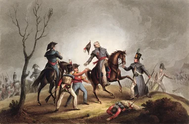 サー・ジョン・ムーア（1761-1809）の死、1809年1月17日、ジェームズ・ジェンキンズ著『1799-1815年のイギリスとその同盟国の軍事的功績』より、トマス・サザーランド（1785年頃生）版画、出版