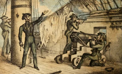 正体不明の軍艦、1835年頃に描かれた海兵隊のライフル（手描きのエッチング）