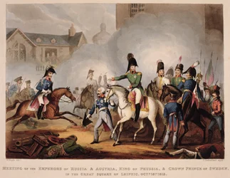 1813年10月18日、ライプチックの大広場でロシアとオーストリアの皇帝、プロイセンの王、スウェーデンの皇太子との会合