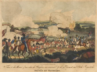 1815年6月18日、ウォータールーの戦いで79連隊とスコッチグレイにキュイラシエが囲まれた瞬間にロムニーによって彫刻され、リチャードエヴァンスによって出版されました