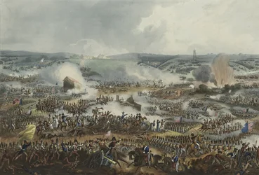 ウォータールーの戦い1815年6月18日、アクアチント、トーマスサザーランド（1785-1838）、1815年9月1日、ジェームスジェンキンスの武道で公開（色付きアクアチント）