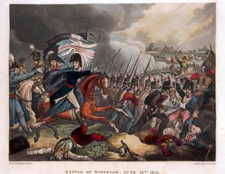 ウォータールーの戦いで軍隊が前進するウェリントン公爵（1769-1852）、シンタックス博士による物語詩のイラスト、1818年（着色されたアクアチント）