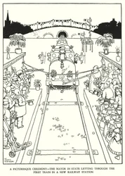 W・ヒース・ロビンソンによる「Railway Ribaldry」のイラスト（リトグラフ）。