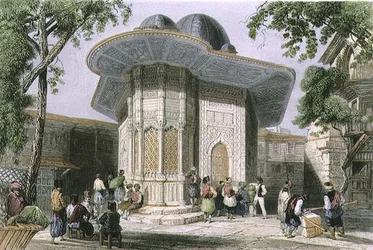 イスタンブール、ガラタの噴水、H.グリフィスの彫刻、1850年頃（アクアチント