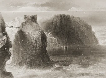 1860年代のジョージ・バーチューによる「アイルランドの風景と古代」からのキャリックアリードロープブリッジ、アントリム州、北アイルランド