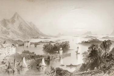 1860年代のジョージ・バーチューによる「アイルランドの風景と古代」から、メイヨー州ウェストポートから見たクルーベイ